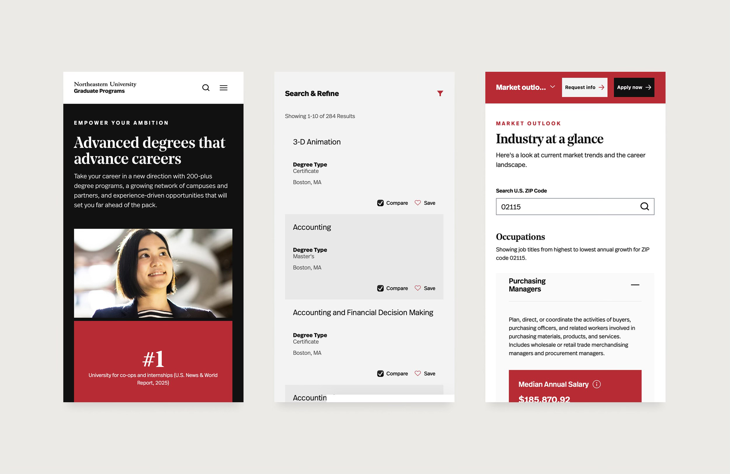 mobile screenshots of Northeastern University Graduate website