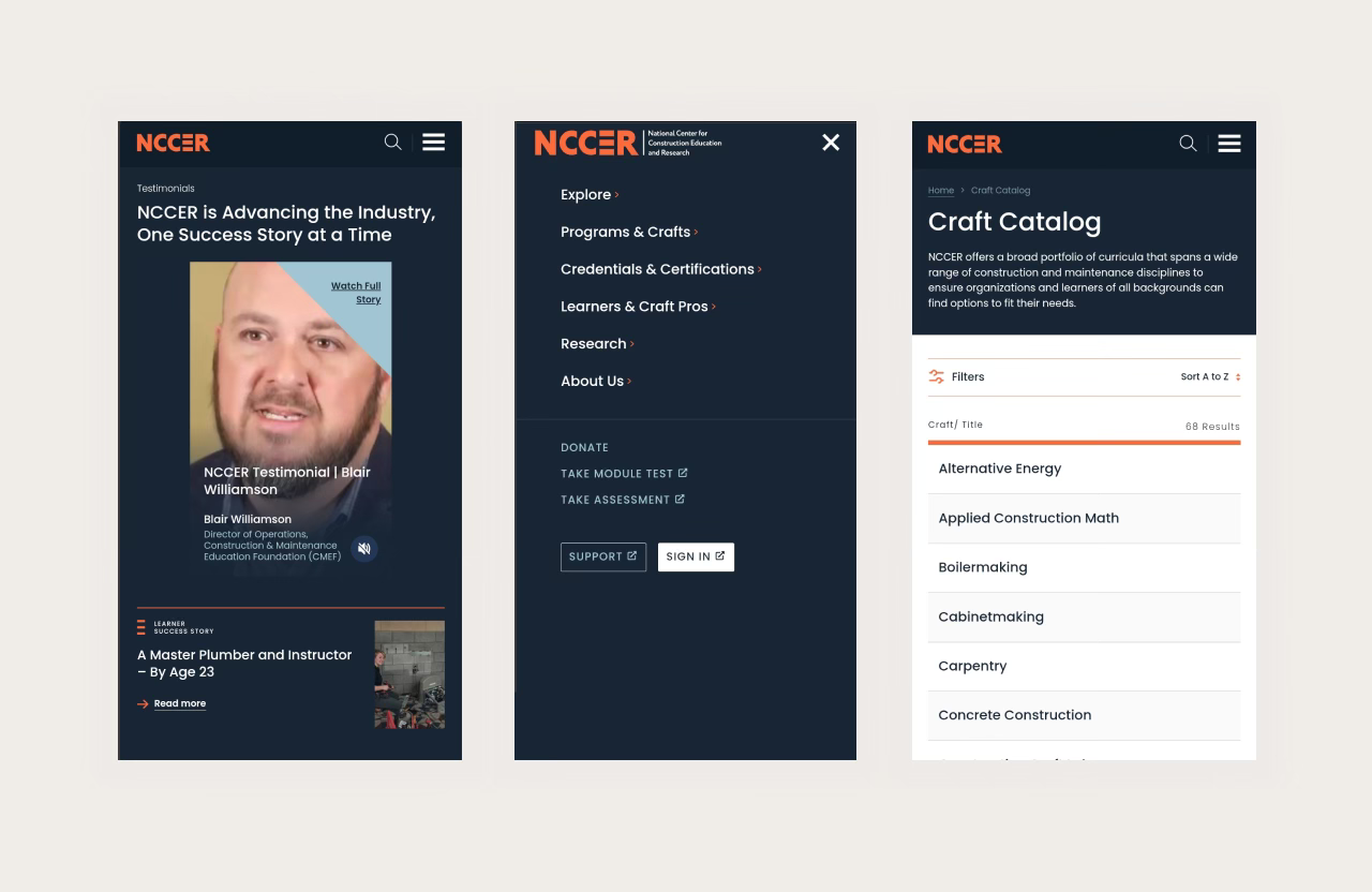mobile screenshots of NCCER website